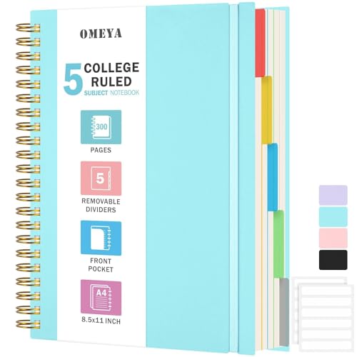 Spiral Notebook 8.5" x 11", 5 Subject Notebooks College Ruled with Dividers | 300 Pages 100GSM Thick Spiral Writing Journal for Women & Men, Large A4 Lined Journal Notebooks for Work, School Supplies - color: Blue, size: A4