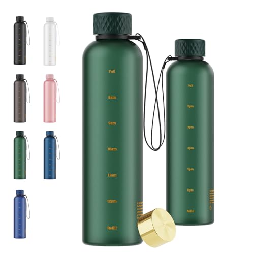 Sursip 32 oz Motivational Water Bottle with Time Marker, 1 Pack – Slim Tritan Water Bottles with Strap, Leakproof & Shatterproof Gym Bottles, Fits Cup Holder for Travel, School & Daily Hydration - color: Dark green, size: 32 Ounces