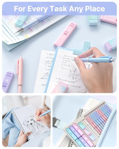 Four Candies Pastel Mechanical Pencil Set, 0.5mm & 0.7mm Point, Pack of 12 | 720 HB/2B Leads, 3 Erasers+18 Refills, Storage Case, Cute Pink/Purple/Blue Barrels, Rubber Grip, for Notes & Drawing - style: 12PCS 0.5 + 0.7 mm