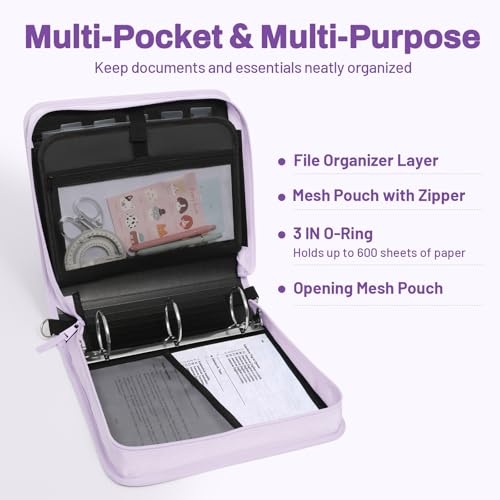 SUNEE Zipper Binder 3 Ring, 3 Inch O-Ring with Handle and Shoulder Strap, 600-Sheet Capacity, 5-Tab Expanding File Folder, Multi-Pockets for Middle School Organizer Binder with Zipper, Lavender Purple - color: Lavender Purple
