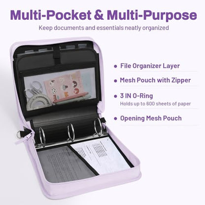 SUNEE Zipper Binder 3 Ring, 3 Inch O-Ring with Handle and Shoulder Strap, 600-Sheet Capacity, 5-Tab Expanding File Folder, Multi-Pockets for Middle School Organizer Binder with Zipper, Lavender Purple - color: Lavender Purple