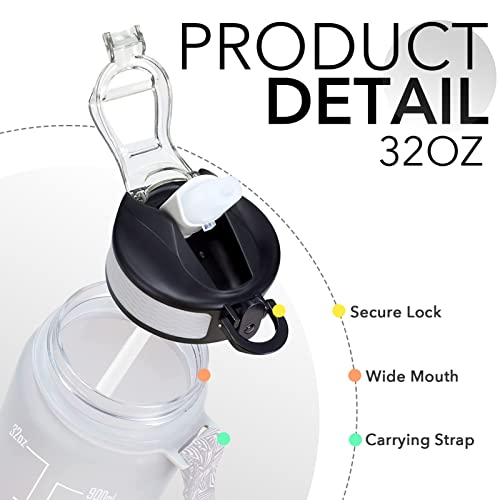 Hyeta Water Bottle with Straw & Time Marker, Plastic 32oz Leakproof | Motivational Tritan BPA Free Gym Office Outdoor Intake Tracker Hourly Reminder Straw Lid Carry Strap - color: Gray-Black