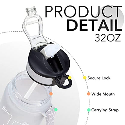 Hyeta Water Bottle with Straw & Time Marker, Plastic 32oz Leakproof | Motivational Tritan BPA Free Gym Office Outdoor Intake Tracker Hourly Reminder Straw Lid Carry Strap - color: Gray-Black
