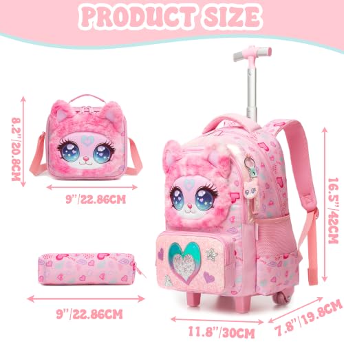 Girls Rolling Backpack for Kids with Wheels,Cute 3D Kids Rolling Backpack for School,Lightweight Kids Luggage for 6-8,Large Capacity BookBag with Wheels & Telescopic Handle - color: 3d Plush Cute Pink