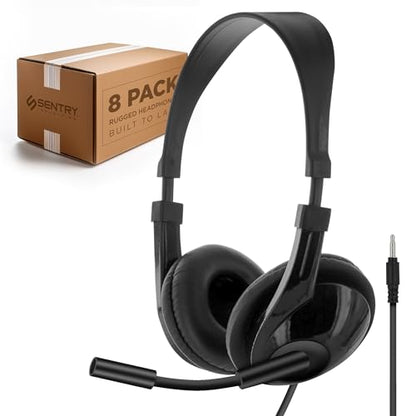 SENTRY Bulk 8 Pack Rugged School Headphones, 3.5 mm Jack with Boom Mic Connection, Durable for Kids, Students, Teachers, Classrooms, Braided Cable, for Online Learning