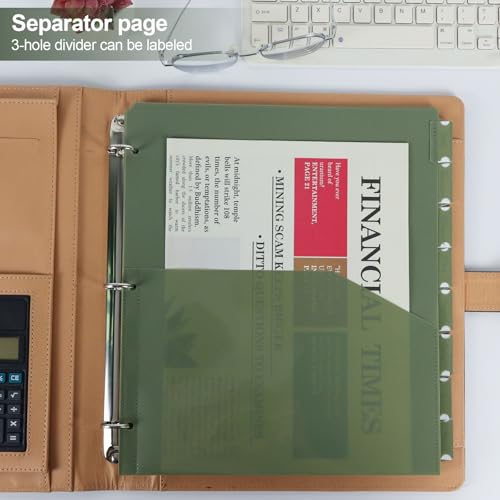 Koqye Binder Dividers with Pockets - 8 Plastic Dividers for 3 Ring Binders - A4 Bividers with Tabs for Planners (Dark Green - 1 Pack)