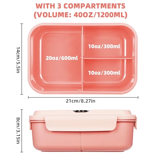 Fanhaw 40 Oz/5 Cup Bento Box for Kids, Men and Women, Lunch Box with 3 Compartments, Utensil, Microwave & Dishwasher Safe (Pink) - color: Pink
