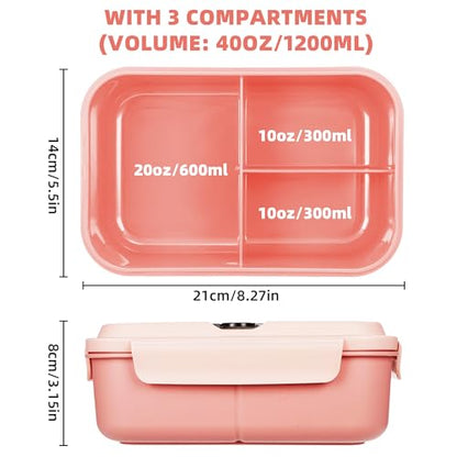 Fanhaw 40 Oz/5 Cup Bento Box for Kids, Men and Women, Lunch Box with 3 Compartments, Utensil, Microwave & Dishwasher Safe (Pink) - color: Pink