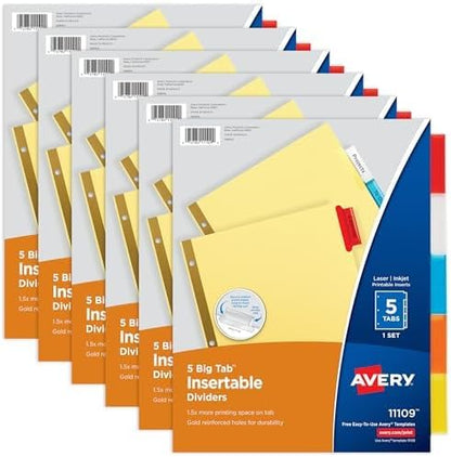 Avery Binder Dividers - 5-Tab Insertable Multicolor Big Tabs for Binders,Sets of Dividers (11109),(Pack of 48) - size: 48-Pack