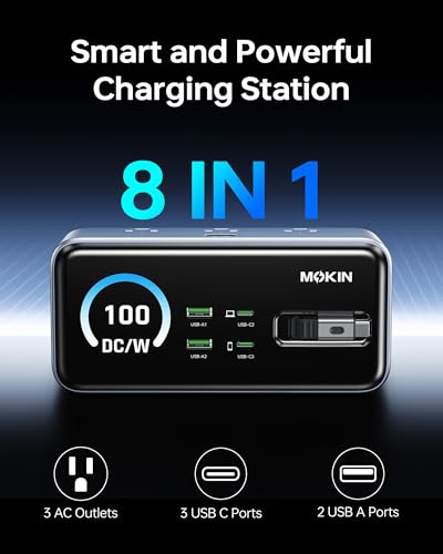 MOKiN 8-in-1 Charging Station, 3 USB-C,2 USB-A,3 AC, GaN Desktop Charger Station with Retractable Cable, 1500J Surge Protector Power Strip for iPhone 17/16,MacBook Pro, Laptop,Gaming Desk Accessories