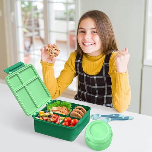 Aimsnk Lunch Box Kids with Thermo Insulated Lunch Bag for School, Green | Bento Lunch Box for Kids with 8oz Food Jar, Leak Proof Hot Lunch Containers with 4 Compartment, Warm Lunchbox for Toddler - color: Green