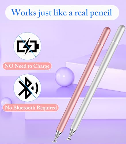 Kenkor Stylus Pen for Touchscreen, 2Pcs Universal Touch Pencil, Pink+Silver | Active Stylus Pen for Nintendo Switch 2/ iPad/iPhone/Android/Samsung Galaxy/Huawei/Lenovo/Microsoft Surface, Touchscreens Pen - color: Pink+Silver