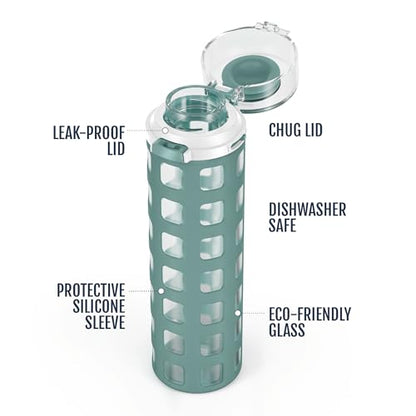 Ello Syndicate 20 oz Reusable Glass Water Bottle – All-Glass Chug Spout for Pure Drinking Experience, Leak Proof One-Touch Flip Lid, Silicone Sleeve, BPA-Free, Dishwasher Safe - color: Alligator