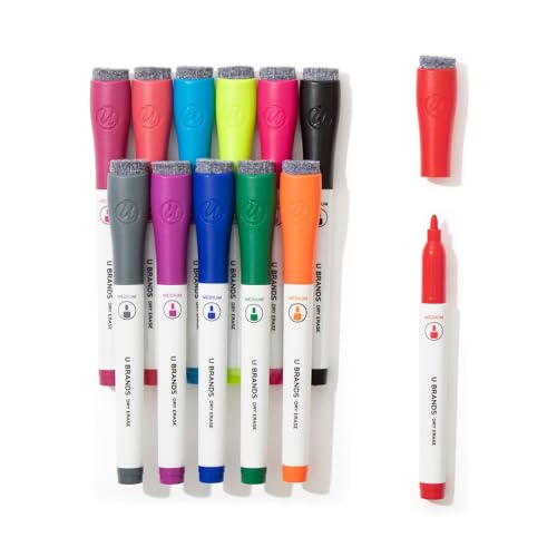 U Brands Dry Erase Markers Medium Tip Set, 12 Pack, Assorted Colors, Whiteboard Pens with Medium Point and Built In Eraser Caps, Low Odor Ink, Dry Erase Markers For Classroom, Office, Or Home - style: 12 Count - Bright Colors