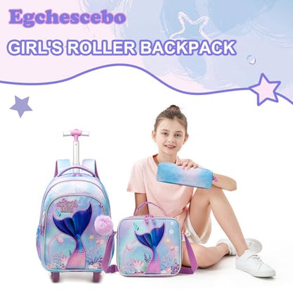 Kids Rolling Backpack for Girls Trolley Suitcases Luggage Travel with Wheels Bookbag Wheeled 17" 3PCS Roller Backpacks Toddler Back Pack School Bags Set for Elementary Mermaids Sky Blue - color: 5225-yuweiba-sky Blue