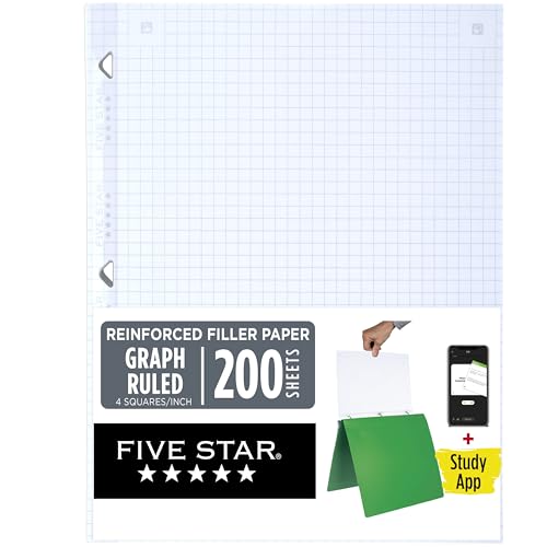 Five Star Loose Leaf Paper + Study App, Graph Ruled Filler Notebook Paper, Reinforced, Fights Ink Bleed, 8-1/2" x 11", 200 Sheets (170055-ECM) - size: 200 Sheets
