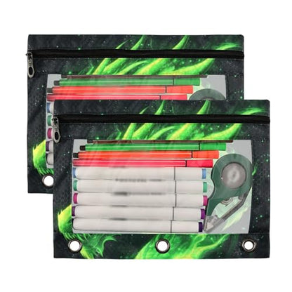 Kcldeci Pencil Pouch for 3 Ring Binder, Green Fire Head of Dragon 2 Pack Binder Pencil Pouch with Clear Window Pencil Bags with Zipper Pencil Case for Binder - color: B05