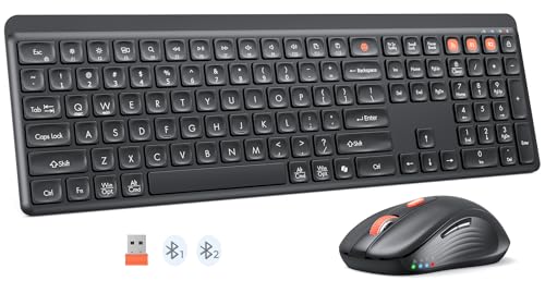 MEETION Bluetooth Keyboard and Mouse, 2.4G + Dual Bluetooth Multi Device, Full Size Silent Ergonomic Keyboard with 4 Level DPI Adjustable Wireless Mouse for Windows, Mac OS Desktop/Laptop/PC, Black - color: Matte Black