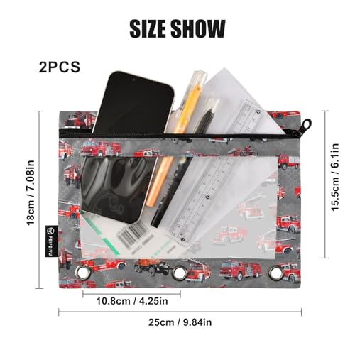 Fire Truck Pencil Pouch for 3 Ring Binder, Binder Pencil Pouches with Clear Window Zipper Pencil Case for Office College Supplies, 2PCS (B0306) - color: B0306