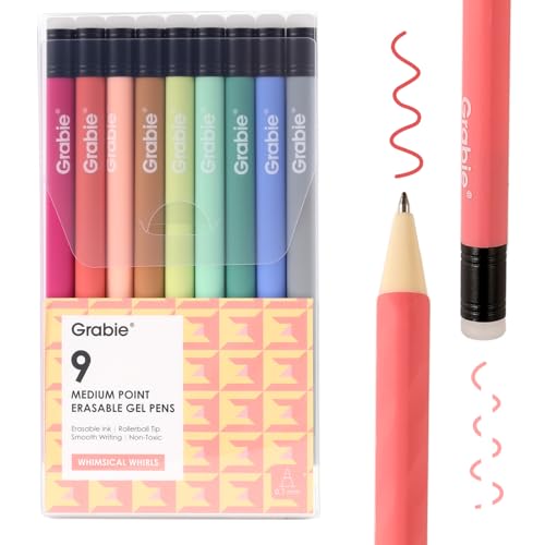Grabie Erasable Gel Pens, Medium Point 0.7 mm Erasable Pens, Make Mistakes Disappear for Drawing Writing Planner, Pack of 9 Assorted Colors(Whimsical Whirls) - color: 9 Colors Pens: Whimsical Whirls