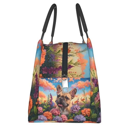 French Bulldog and Garden Insulated Lunch Box for Women Dog Lovers, Cute Puppy Pattern Tote Lunchbags, Reusable Cooler Lunchbox & Makeup Bag Gifts for Work, School, Picnic, Office - color: French Bulldog 02