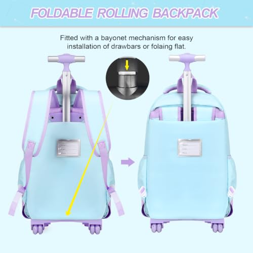 3-IN-1 Rolling Backpack for Girls with Lunch Bag Pencil case, Kawaii Backpack with Wheels for Girls, Roller School Bag with Wheels for Teen Elementary School Bookbags with Cute Pins Aquamarine-Purple - color: Aquamarine-purple