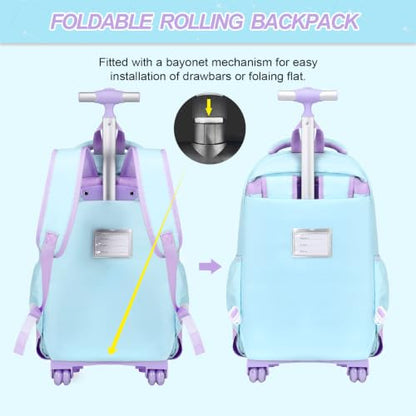 3-IN-1 Rolling Backpack for Girls with Lunch Bag Pencil case, Kawaii Backpack with Wheels for Girls, Roller School Bag with Wheels for Teen Elementary School Bookbags with Cute Pins Aquamarine-Purple - color: Aquamarine-purple