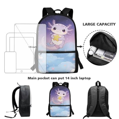 CLOHOMIN Axolotl Kids Backpack Set of 3 with Lunch Bag for Girls 10-12 Primary Schoolbag and Lunch Box and Water Bottle Bag Set School Book Bags for Middle School Kids Large Capacity Bookbag - color: Axolotl Star