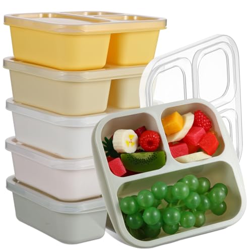 Honeydak 5 Pack Snack Containers 3 Compartment Bento Snack Boxes Divided Meal Prep Containers with Lids Reusable Adults Lunch Food Storage Box for School Work Travel(Lemon Color) - color: Lemon Color