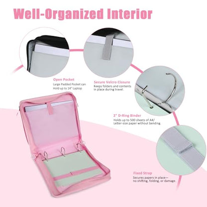 2 Inch 3 Ring Zipper Binder with 500 Sheet Capacity, 6 Tab Expanding File Folder, Multi-Pocket Design, Shoulder Strap and Handle for Middle School and Office (Pink) - color: Pink