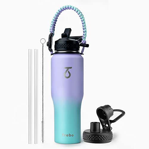 Trebo 32 oz Water Bottle Insulated Fits in Any Car Cup Holder with 2 Lids | Stainless Steel T-shape Tumbler with Paracord Handle, Triple Wall Vacuum Copper Plated, Cold 48 Hrs for Travel, Leakproof - color: Cotton Candy, size: 32 Ounces