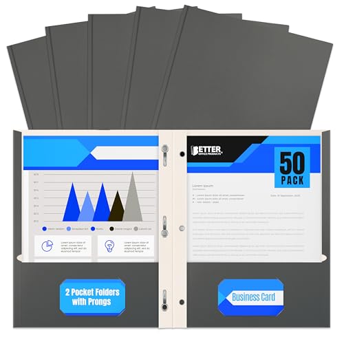 Better Office Products Gray Paper 2 Pocket Folders with Prongs, Matte Texture, Letter Size Paper Folders, 50 Pack, with 3 Metal Prong Fastener Clips, Gray - color: Gray