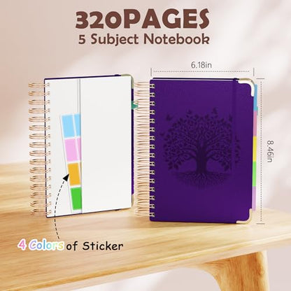 QIYVLOS Hardcover Spiral Notebook, A5 Journal with Removable Dividers Tabs, 5 Subject Notebook College Ruled, 320 Pages 6"x8" Leather Notebooks for Work School Study, Lined Journal for Women, Purple - color: A5/Purple