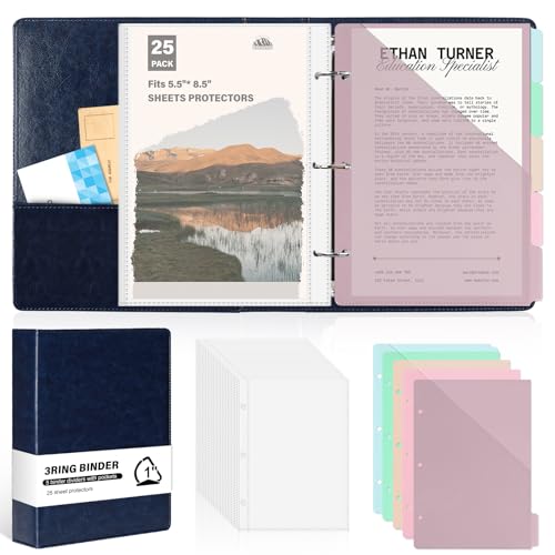 （Half Size）Pu Leather Mini 3 Ring Binder with 5-Tabs Pocket Dividers & 25 Sheet Protectors 5.5 x 8.5 Professional Organizer Cute Organizer Binders 1" D Rings for Small Binder Paper School Office(Blue) - color: Blue