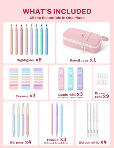 SUNEE 35PCS Aesthetic Stationery Set with Cute Pencil Case, Pastel Highlighters, Black Gel Pens, Mechanical Pencils & Refills, College School Supplies for Students Girls Pink - color: Pink, style: 35 Pack