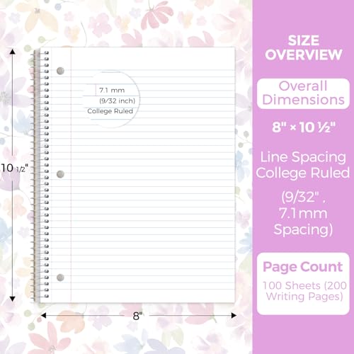 SKYDUE 8"x10.5" Spiral Notebook - College Ruled 100 Sheets, 1 Subject Notebook for School & Office, 3-Hole Punched Paper, Floral Design - color: Purple Floral