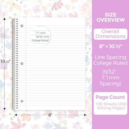 SKYDUE 8"x10.5" Spiral Notebook - College Ruled 100 Sheets, 1 Subject Notebook for School & Office, 3-Hole Punched Paper, Floral Design - color: Purple Floral