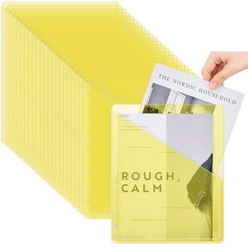 Seajan 48 Pcs Pocket Folders for 3 Ring Binder Clear Plastic Folders Sleeves with 2 Pockets 3 Hole Punch Binder Dividers Poly Slash File Jackets for Office School Document Organizer (Yellow) - color: Yellow