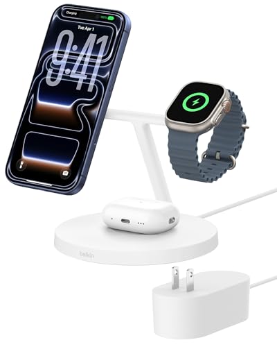 Belkin MagSafe-Compatible iPhone Charger, 3-in-1 Wireless Charging Station, Qi2-Certified 15W Wireless Charge for Apple iPhone 17 Series, Apple Watch, AirPods w/Non-Slip Base, 40W Included - White - color: White, style: Matte Finish