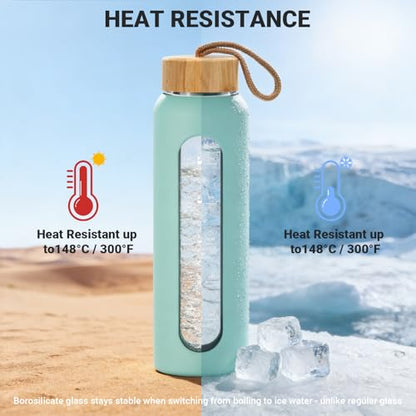 Sursip 32 oz Glass Water Bottle, Time Marker with Silicone Sleeve & Lid | 1 Liter BPA-Free Motivational Bottle, Leak-Proof Dishwasher Safe - color: Beige