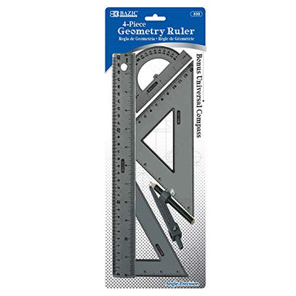BAZIC Products 4-Piece Geometry Set with Compass, 24-Box | 4-piece geometry set (12 in ruler, 30/60 and 45/90 triangles, 180-degree protractor) plus a compass - size: 24-Pack