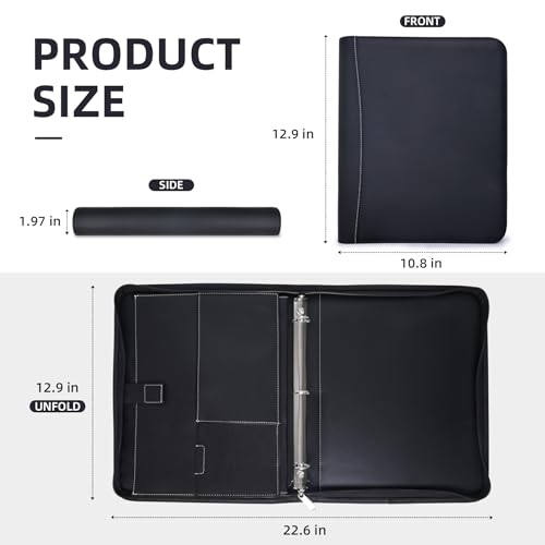 Antner Zipper Portfolio Binder Padfolio 3 Ring Binder 1 Inch Professional Faux Leather Document Organizer Folio for Tablet, Phone, and 8.5x11 Documents, Resumes, Presentation Folders for Men & Women