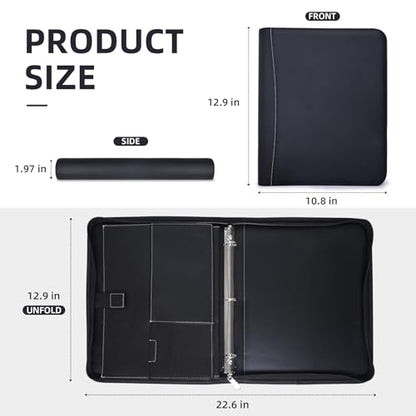 Antner Zipper Portfolio Binder Padfolio 3 Ring Binder 1 Inch Professional Faux Leather Document Organizer Folio for Tablet, Phone, and 8.5x11 Documents, Resumes, Presentation Folders for Men & Women