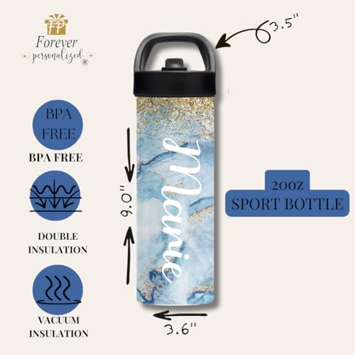 Personalized Marble Water Bottle with Name, 20oz Leakproof Stainless Steel Insulated Bottle, Custom Blue & Gold Glitter Marble Tumbler, School Gym Sports Travel Cup for Women Girls Students - color: Light Blue