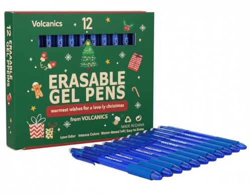 Volcanics Christmas Clicker Erasable Gel Pens Blue Ink – 12 Pack, Retractable Erasable Gel Ink Pen Set, Smooth Writing Heat Erase Gel Pens, Holiday Gift for Kids & Adults, Perfect Stocking Stuffers - color: Christmas-Blue