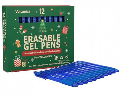 Volcanics Clicker Erasable Gel Pens, Blue Ink, 12 Pack, Christmas Edition | Retractable Gel Ink Pens With Smooth Writing Ink, Built-In Eraser. Holiday Gift For Christmas Stocking Stuffers,Daily Writing - color: Christmas-Blue