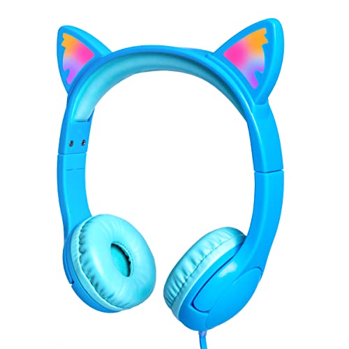 Olyre Kids Wired Headphones LED Light-Up Cat Ears Headset, Dual Audio Jack | Blue; Toddlers headset with Mic for children boys girls; On Ear headphones with cord for tablets school travel airplane - color: Blue