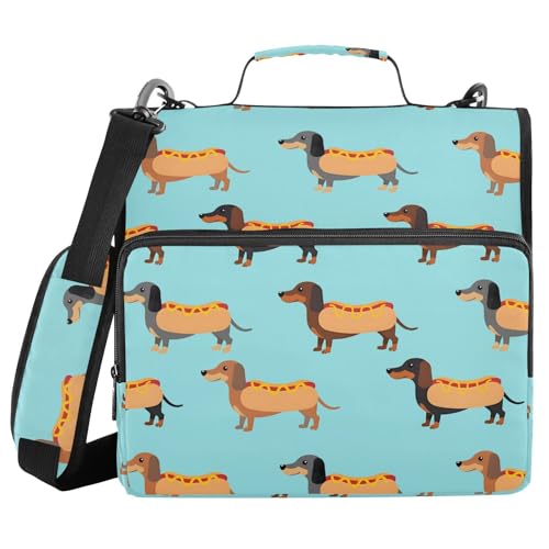 Cute Dachshunds Hotdog Blue Zipper Binder 3 Ring with Handle and Shoulder Strap, 500 Sheet Binder Organizer Capacity & Multi-Pockets for School Office - color: Aa04