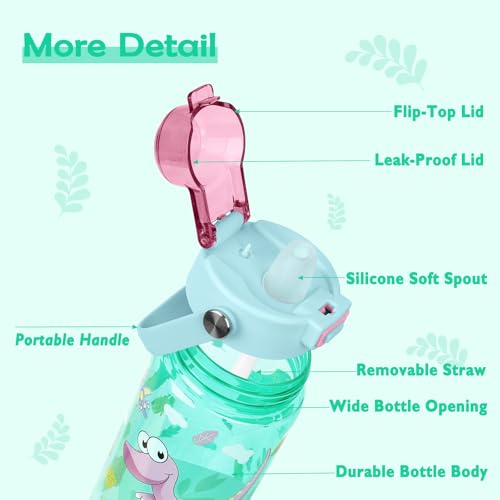 20oz Kids Water Bottle For School or Travel, Leak-Proof & Dishwasher, Durable Plastic Sport Water Bottle With Straw and Handle, Cute Donosaur - color: Green dinosaur