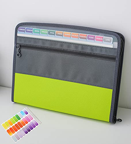 NAFY Expanding File Folder, 13 Pockets Document Organizer with Zipper, A4 Letter Size Portable Accordion Expanding File Folders with 27pcs Multicolor Labels for Home Office School Supplies (Green) - color: Green